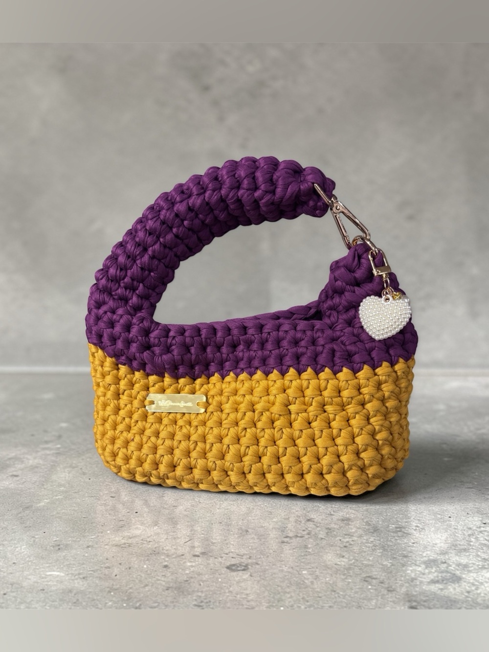 103-Handmade Two-Tone Crochet Bag in Purple and Mustard